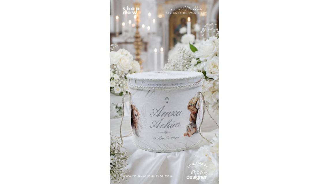 Trusou botez băiat Înger Alb elegant cu îngerași și aripi brodate 7